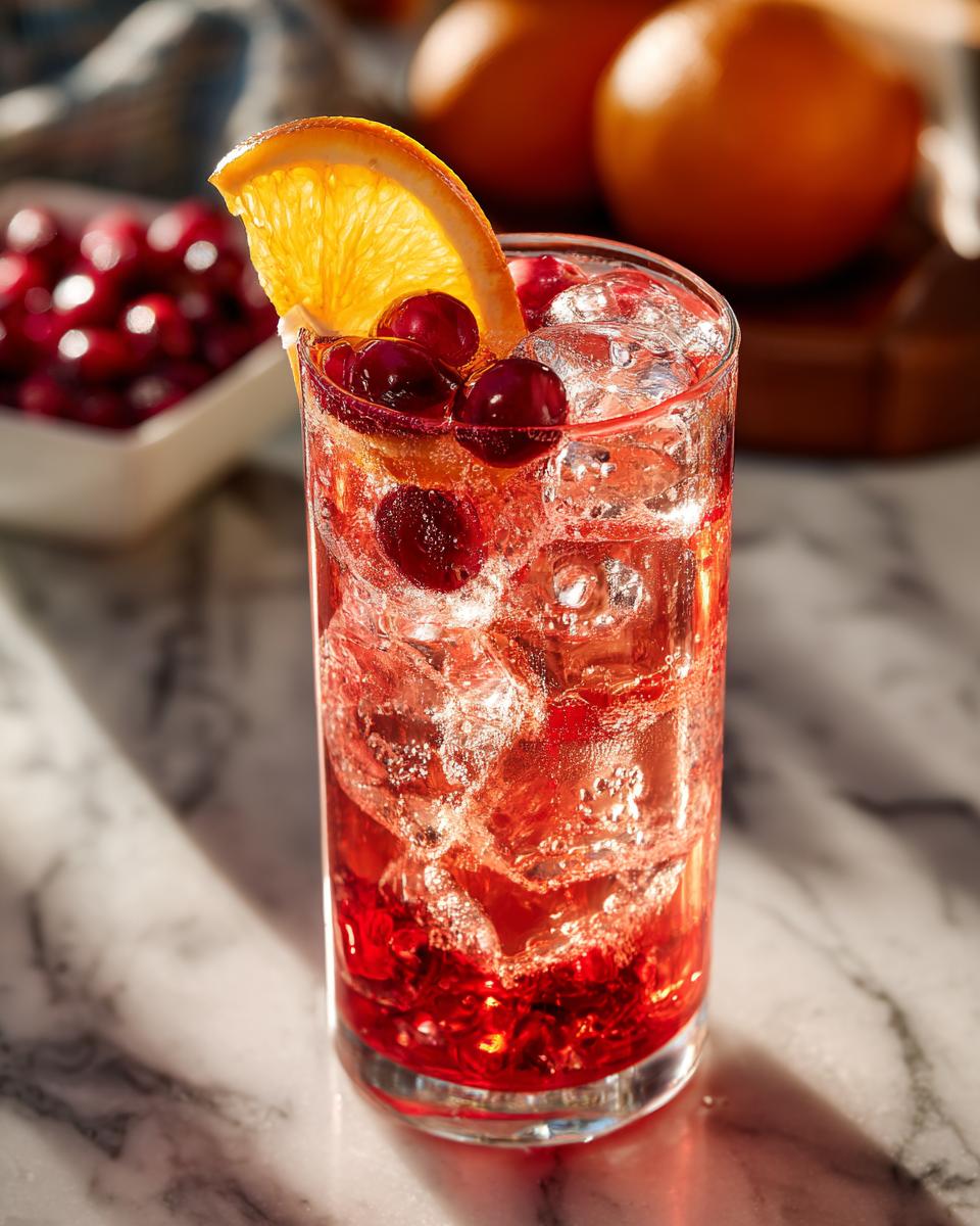 A tall glass filled with ice and a vibrant red Cranberry Orange Vodka Twist cocktail, garnished with fresh cranberries and an orange slice.