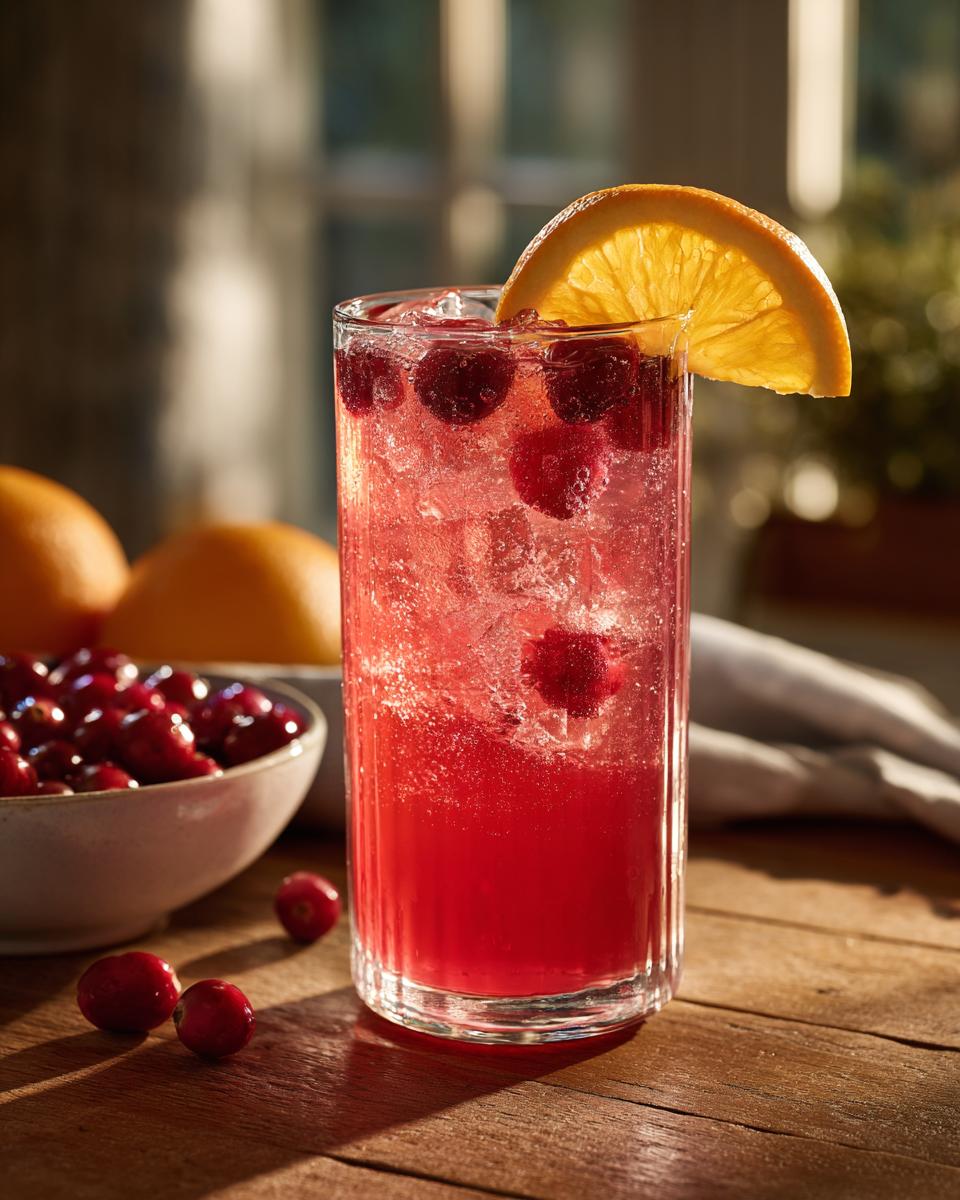 A tall glass filled with a vibrant red Cranberry Orange Vodka Twist cocktail, ice, cranberries, and an orange slice garnish.