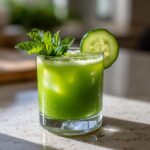 A vibrant green Cucumber Aloe Vera Cooler in a glass, garnished with mint and a cucumber slice.