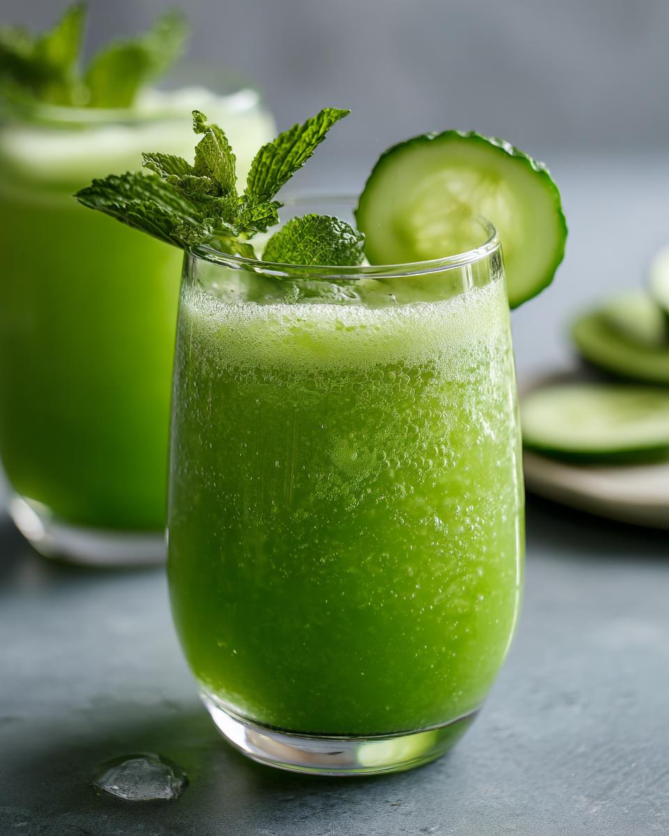 A vibrant green Cucumber Aloe Vera Cooler in a glass, garnished with mint and a cucumber slice.