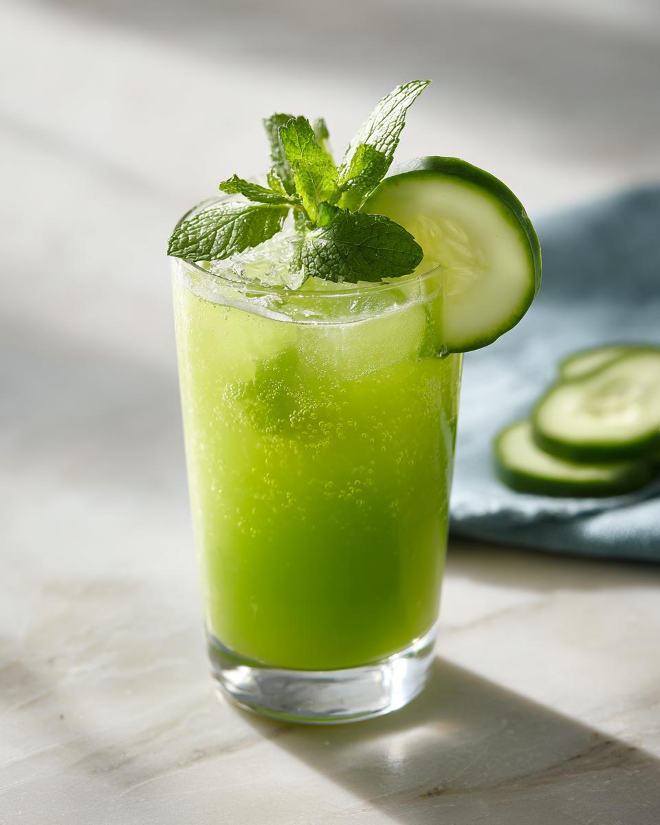A tall glass filled with a vibrant green Cucumber Aloe Vera Cooler, garnished with mint and a cucumber slice.