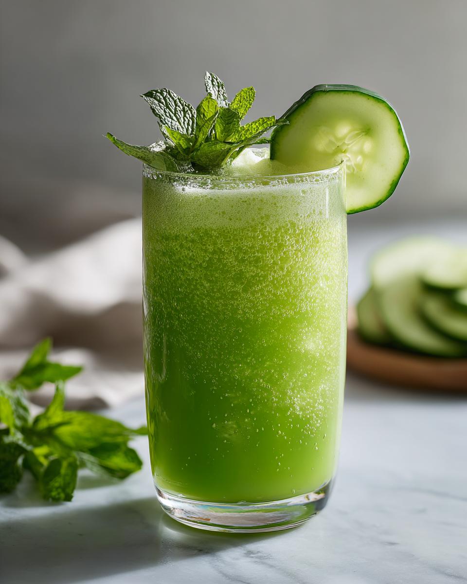 A tall glass filled with a vibrant green Cucumber Aloe Vera Cooler, garnished with a cucumber slice and mint.