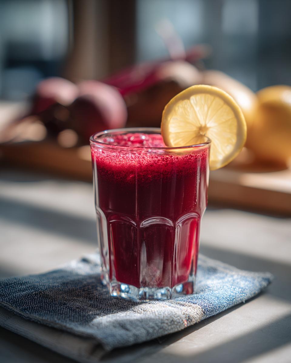 A vibrant Ginger Lemon Honey Energy Shot made with beetroot juice, garnished with a lemon slice.
