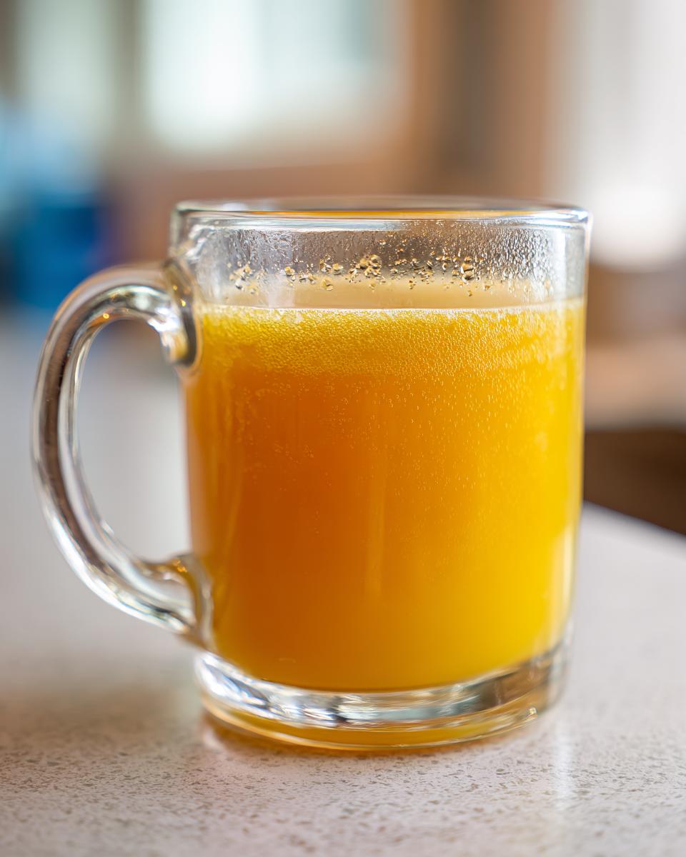 A close-up of a glass mug filled with a vibrant orange liquid, likely a ginger lemon honey energy shot, perfect for Chia Seed Hydration Fresca.
