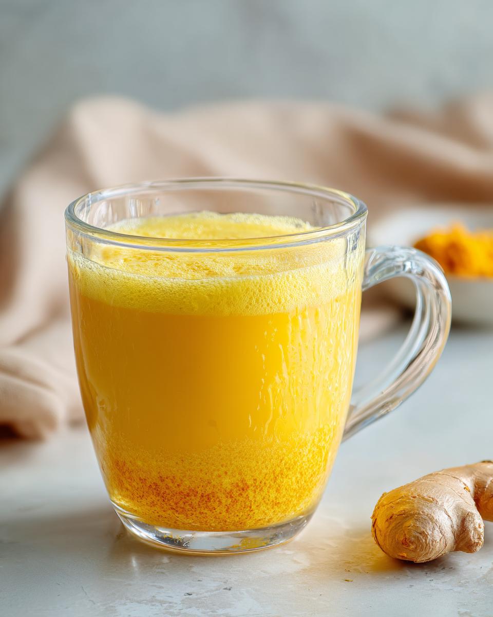 A vibrant yellow ginger lemon honey energy shot in a glass mug, with chia seed hydration elements visible at the bottom.