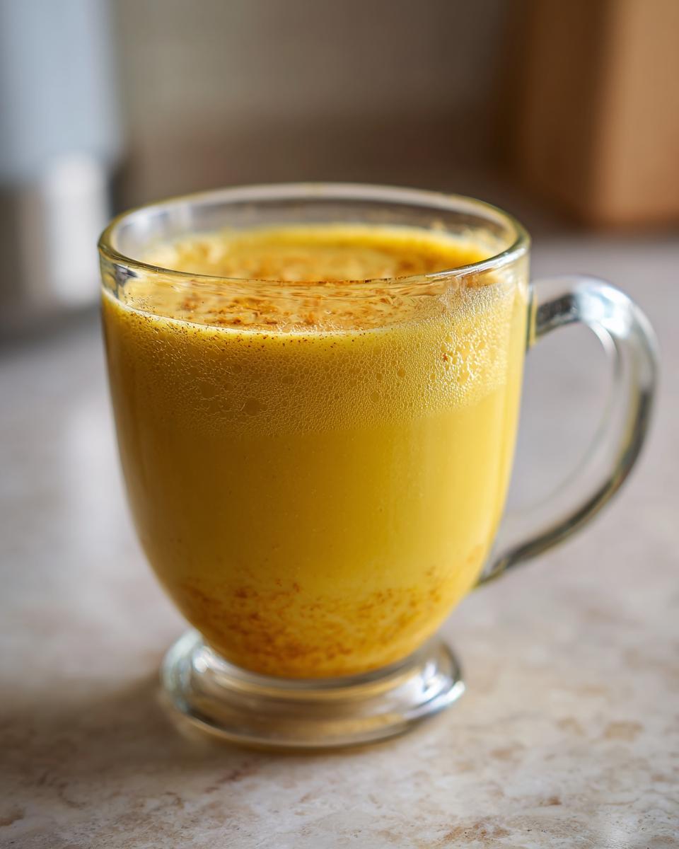 A vibrant yellow Ginger Lemon Honey Energy Shot in a glass mug, with a hint of chia seeds at the bottom.