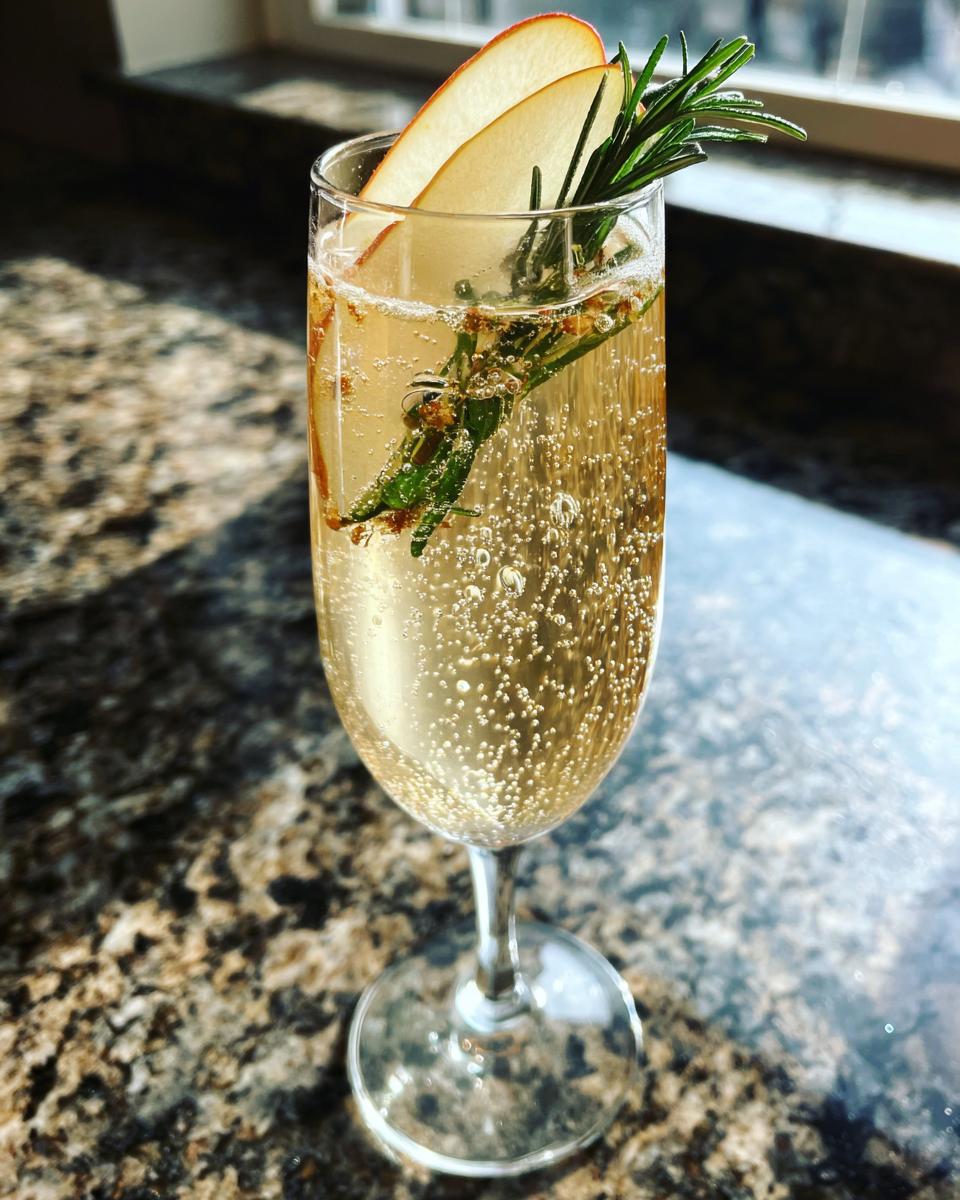 A refreshing Ginger Pear Champagne Cocktail garnished with thin apple slices and a sprig of rosemary.