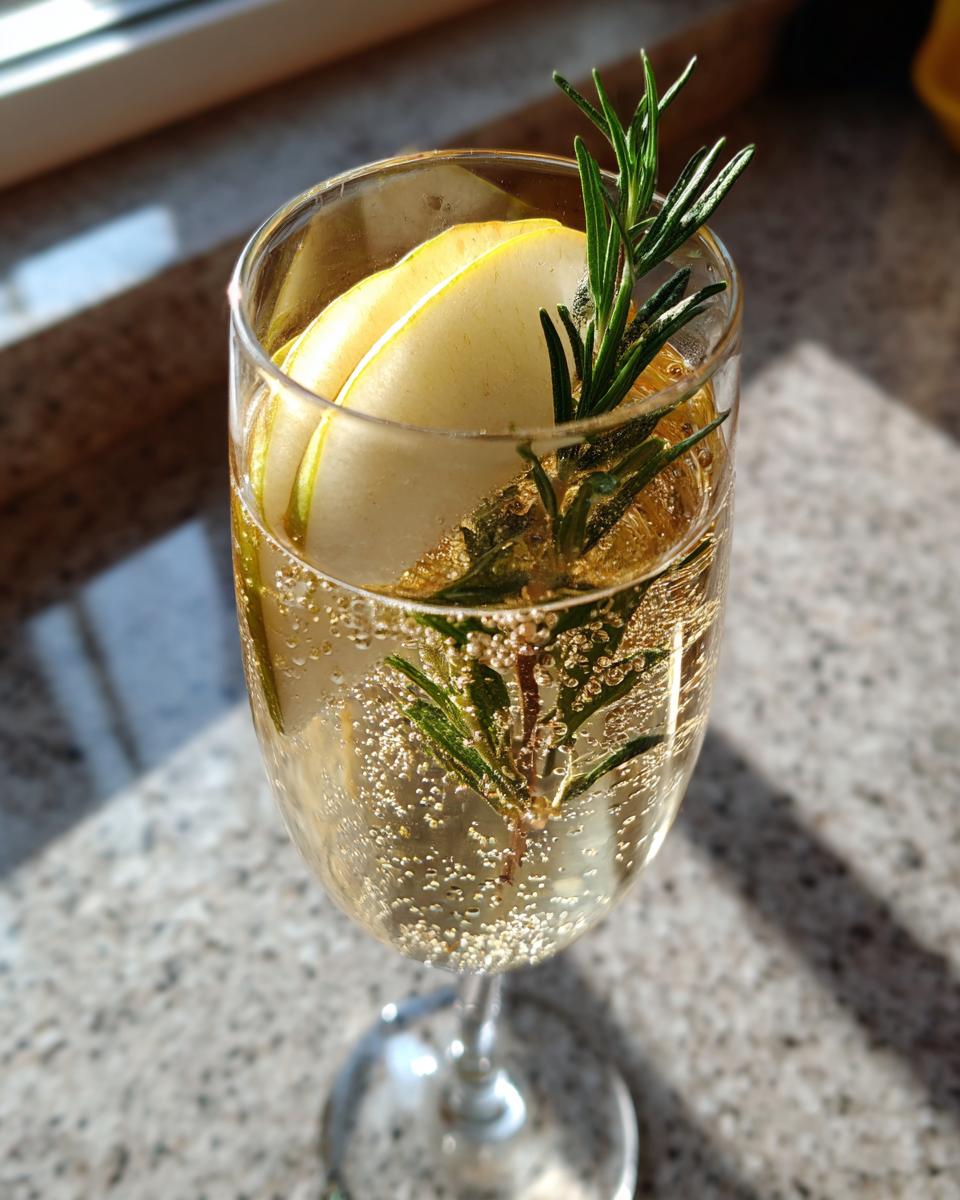 A refreshing Ginger Pear Champagne Cocktail garnished with pear slices and a sprig of rosemary.