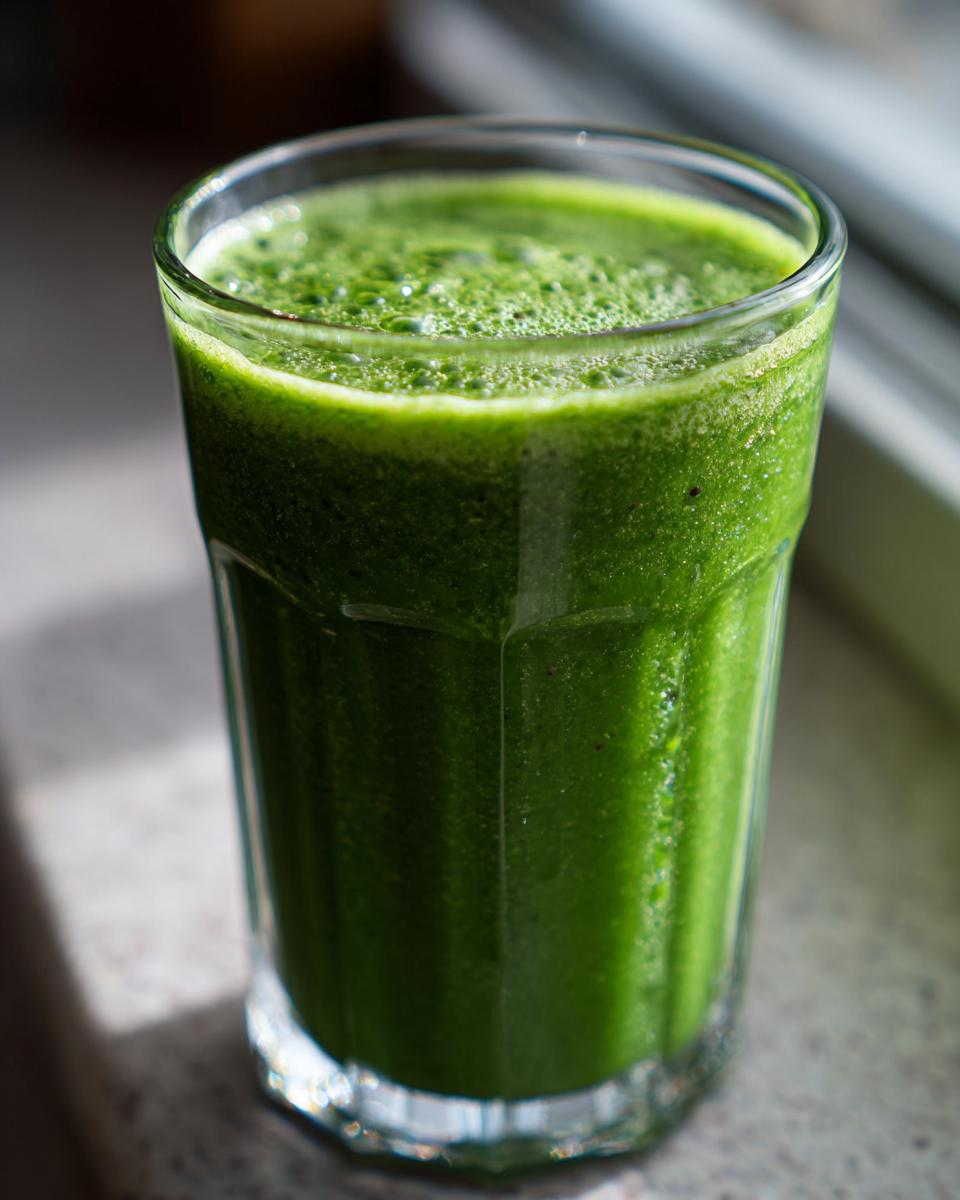 A close-up of a vibrant green Guarana Coconut Energy Tonic in a clear glass, with foam on top.