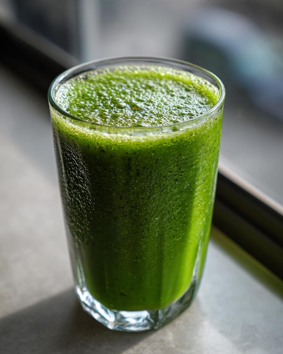 A tall glass filled with vibrant green Guarana Coconut Energy Tonic, showing a frothy top and condensation on the glass.