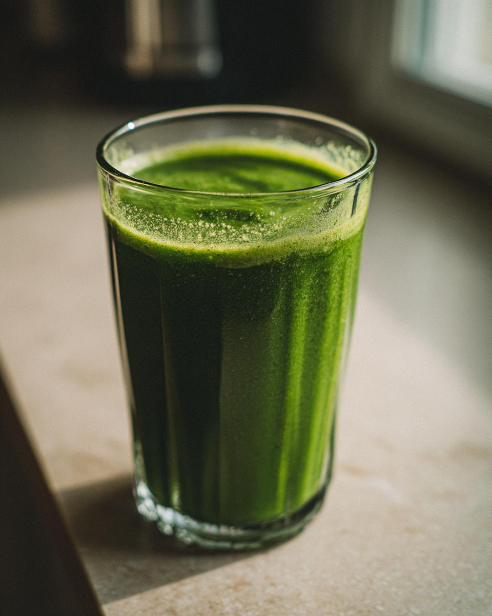 A tall glass filled with vibrant green Guarana Coconut Energy Tonic, with a frothy top.