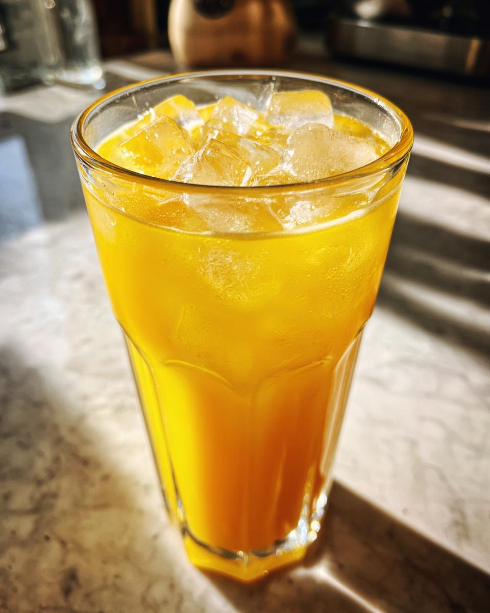 A tall glass filled with a vibrant orange Honey Lemon Turmeric Spritzer and ice cubes.