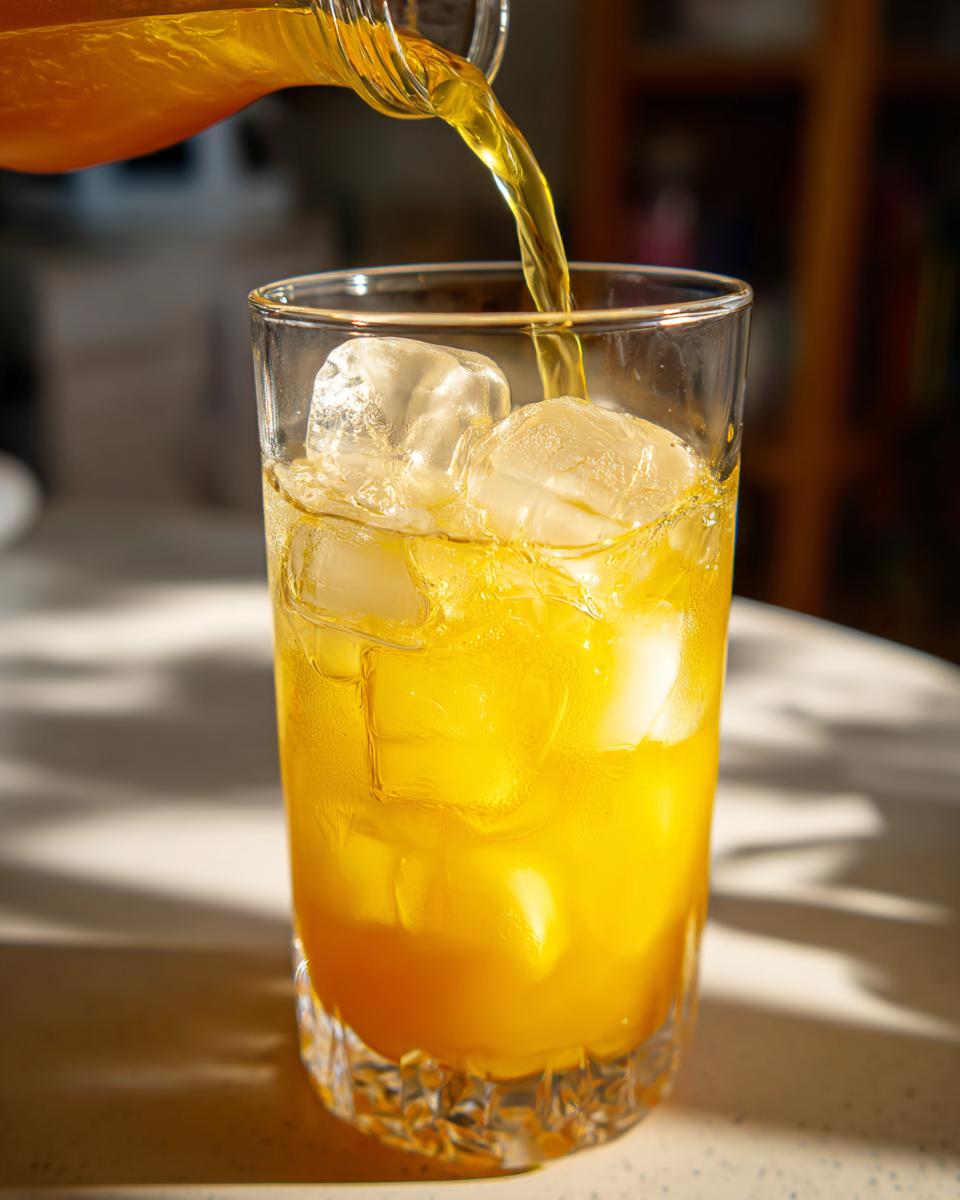 Close-up of a bright yellow Honey Lemon Turmeric Spritzer being poured over ice cubes in a tall glass.
