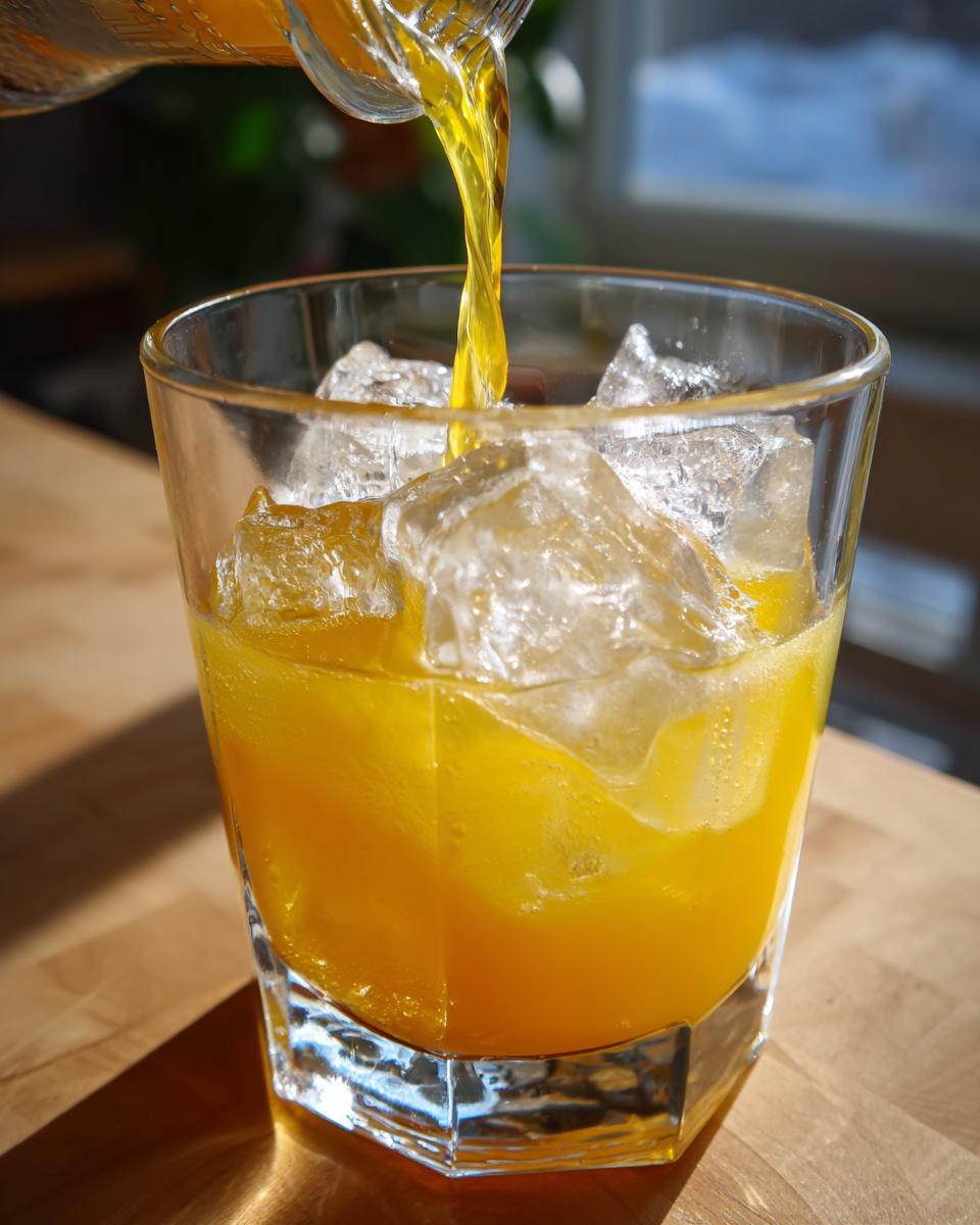 A vibrant yellow Honey Lemon Turmeric Spritzer being poured over ice in a glass.