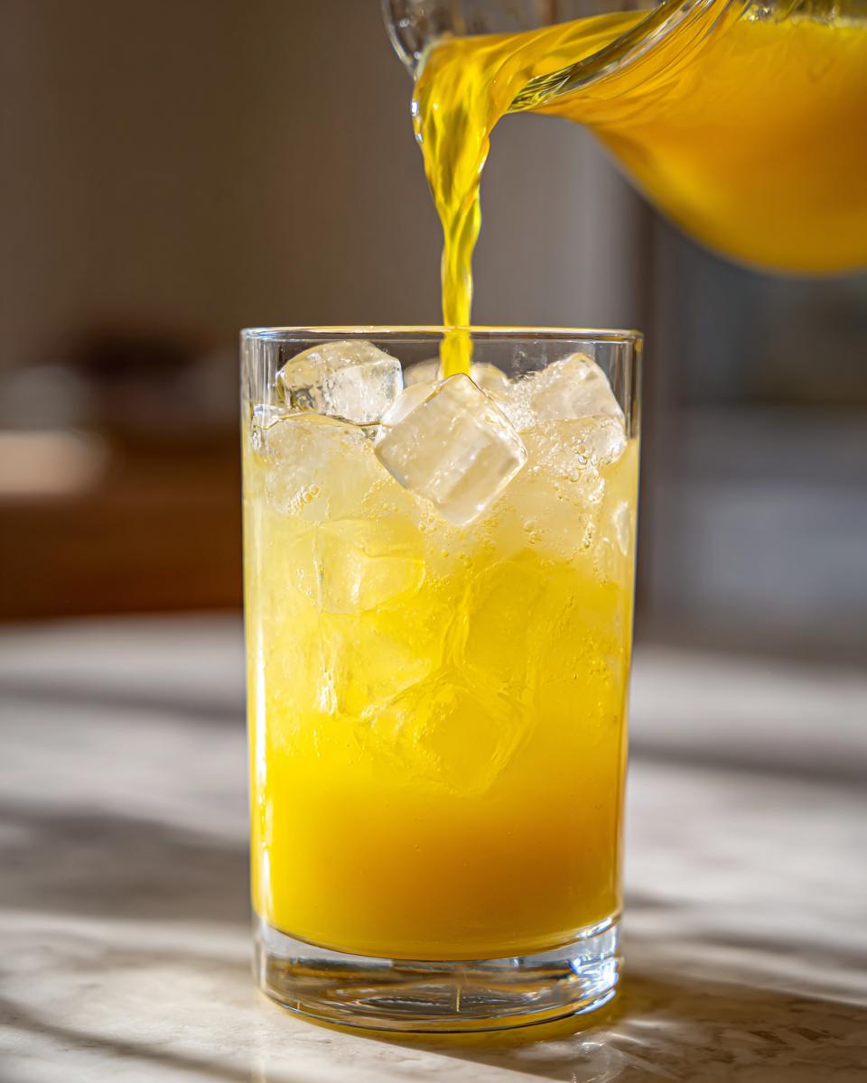 Pouring a vibrant yellow Honey Lemon Turmeric Spritzer into a glass filled with ice.