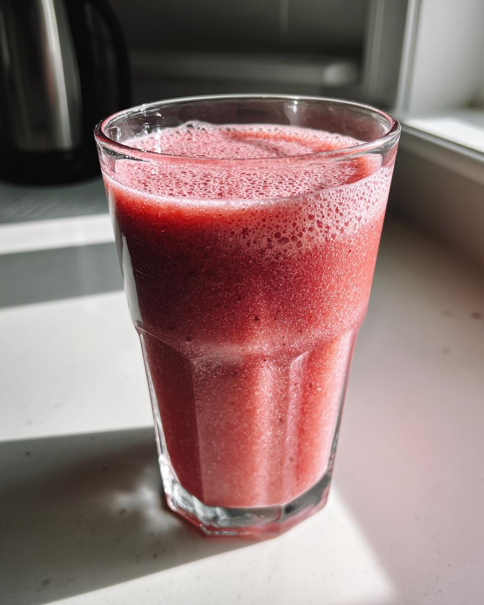 A tall glass filled with a vibrant red Kale Kiwi Energy Refresher drink, topped with a frothy foam.