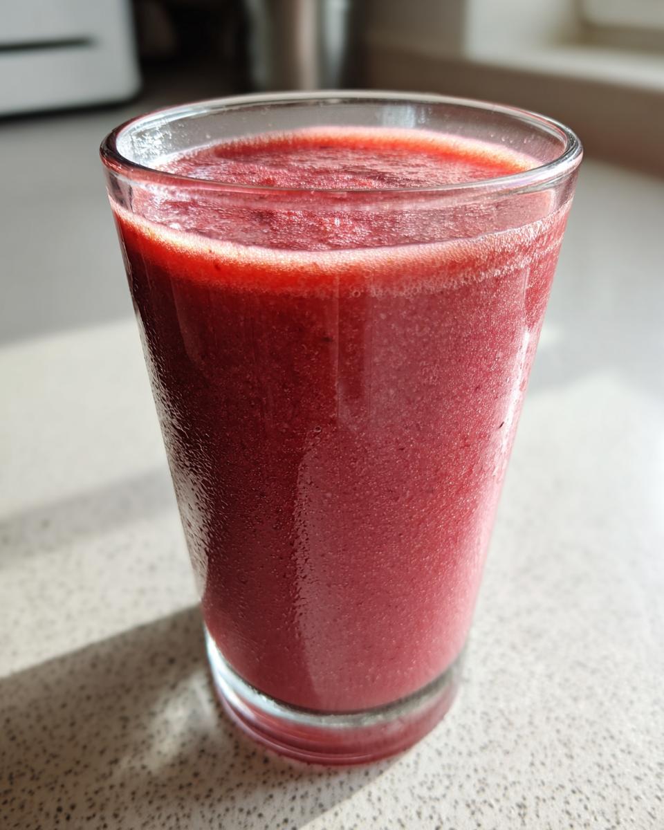 A close-up of a tall glass filled with a vibrant red Kale Kiwi Energy Refresher drink, showing its frothy top.