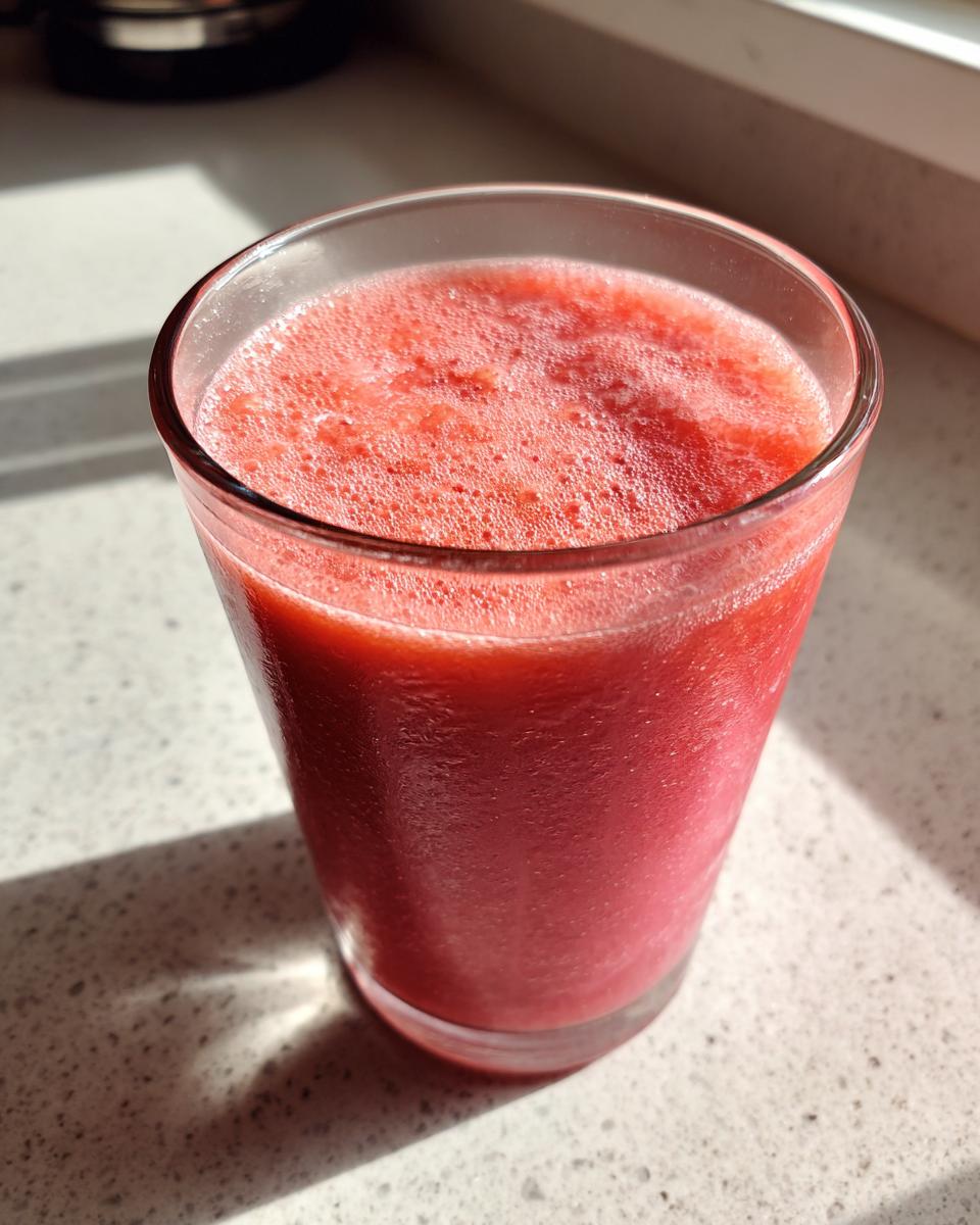 A glass of vibrant pink Kale Kiwi Energy Refresher drink with a frothy top, illuminated by sunlight.