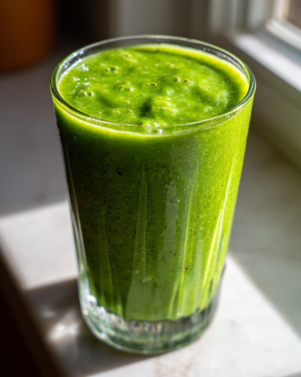 A tall glass filled with a vibrant green Kale Kiwi Energy Refresher drink, with sunlight streaming in.