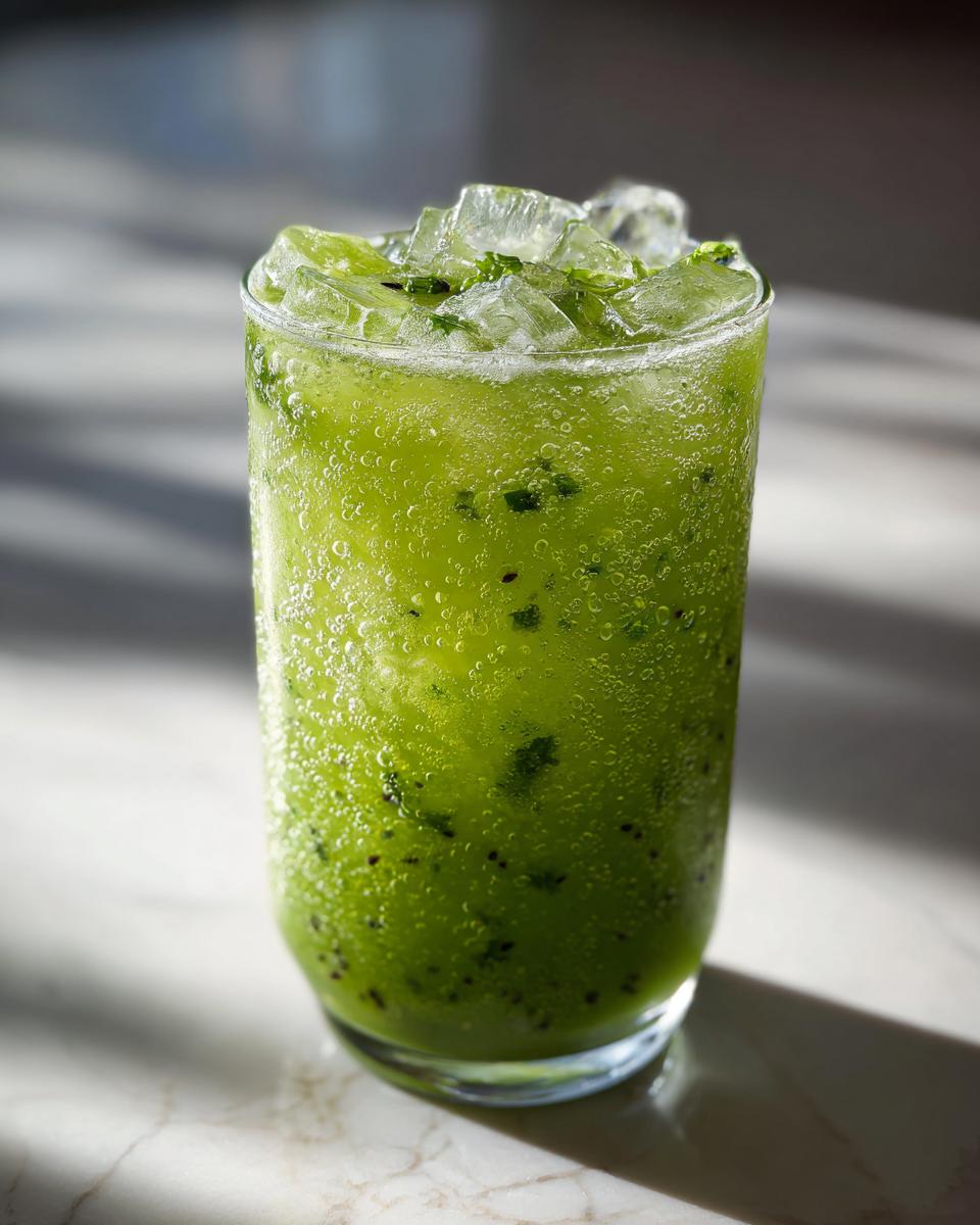 A tall glass filled with a vibrant green Kiwi Spinach Detox Mocktail, packed with ice and visible kiwi seeds.