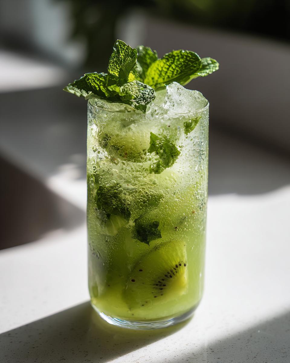 A tall glass filled with a vibrant green Kiwi Spinach Detox Mocktail, garnished with mint leaves and kiwi slices, over ice.