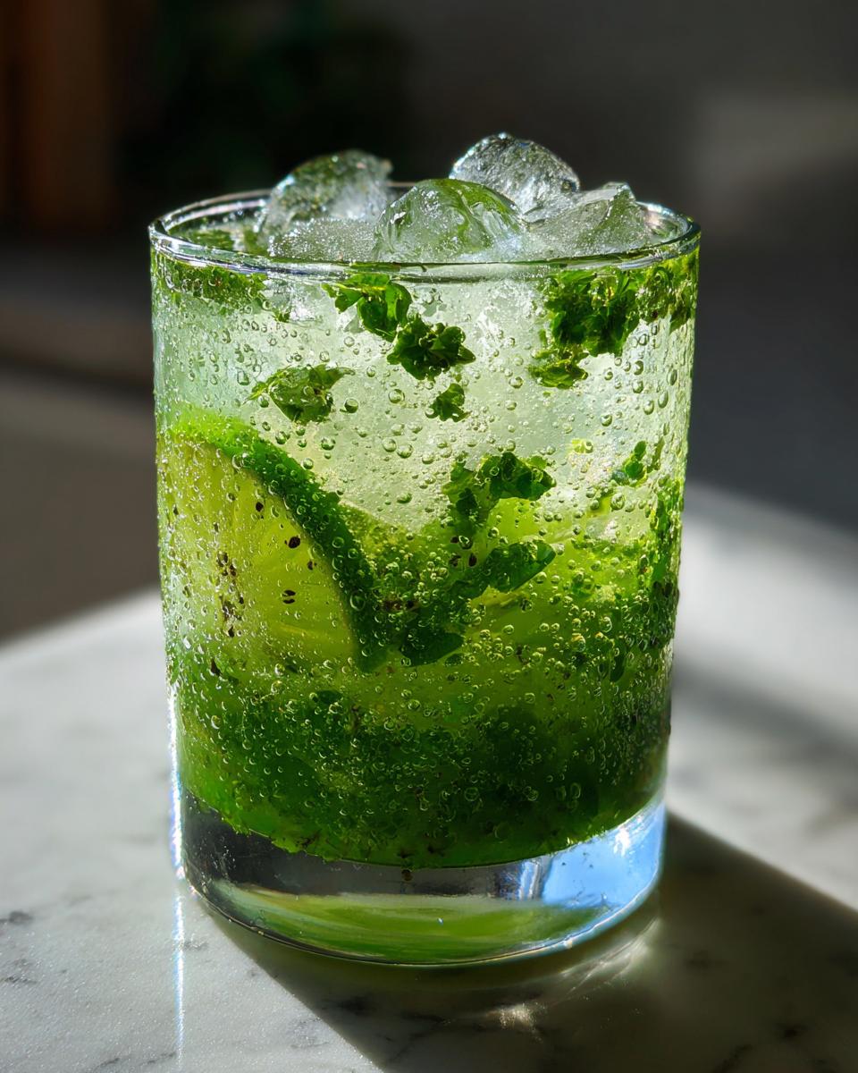 A tall glass filled with a vibrant green Kiwi Spinach Detox Mocktail, packed with ice, kiwi slices, and fresh mint leaves.