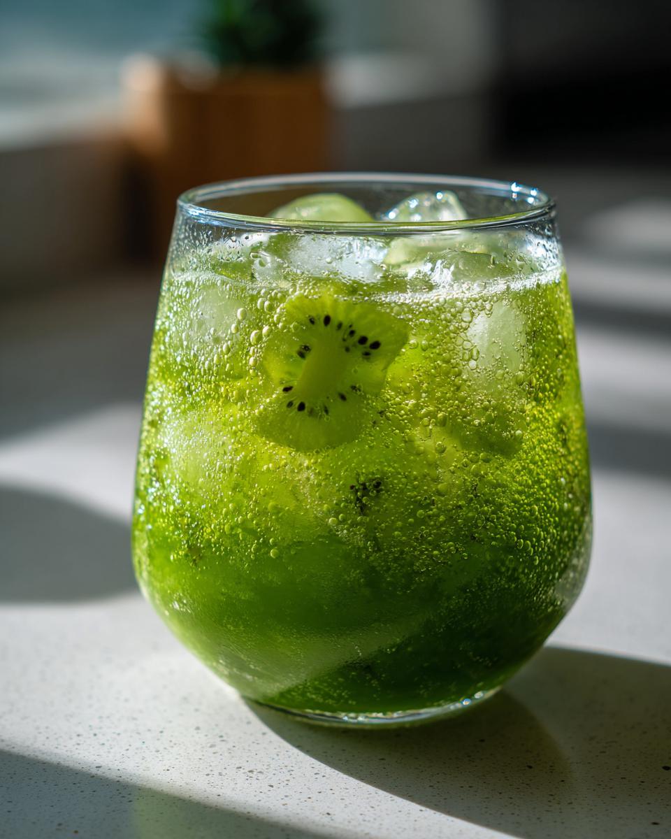 A close-up of a vibrant green Kiwi Spinach Detox Mocktail filled with ice and kiwi slices.