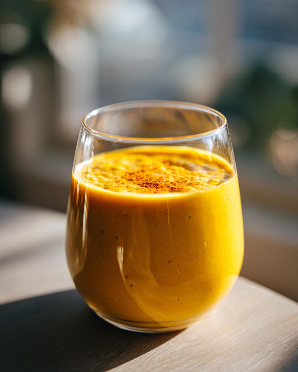 A vibrant yellow Mango Turmeric Recovery Drink in a clear glass, topped with a sprinkle of cinnamon.