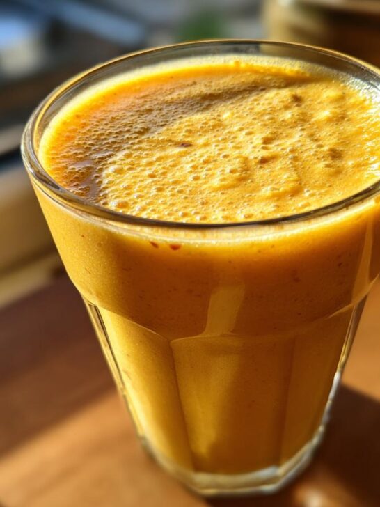 A vibrant orange Mango Turmeric Recovery Drink in a tall glass, with a foamy top, bathed in sunlight.