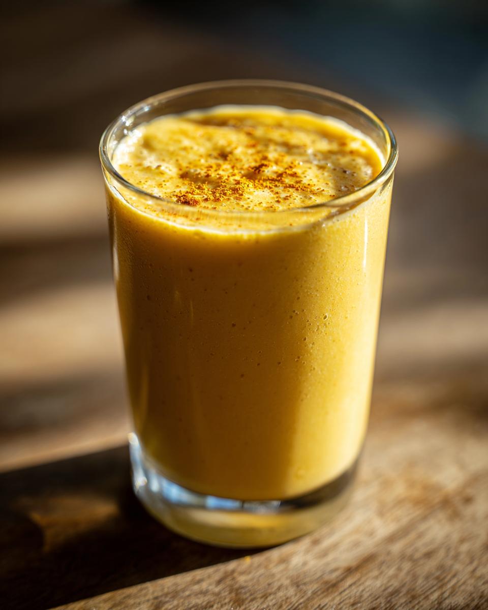 A vibrant yellow Mango Turmeric Recovery Drink with Spinach Avocado, topped with a sprinkle of turmeric.