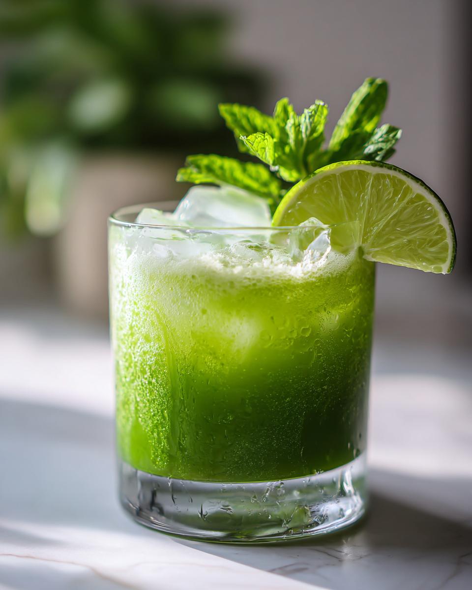 A vibrant green Matcha Coconut Rum Cooler cocktail garnished with fresh mint and a lime wedge.
