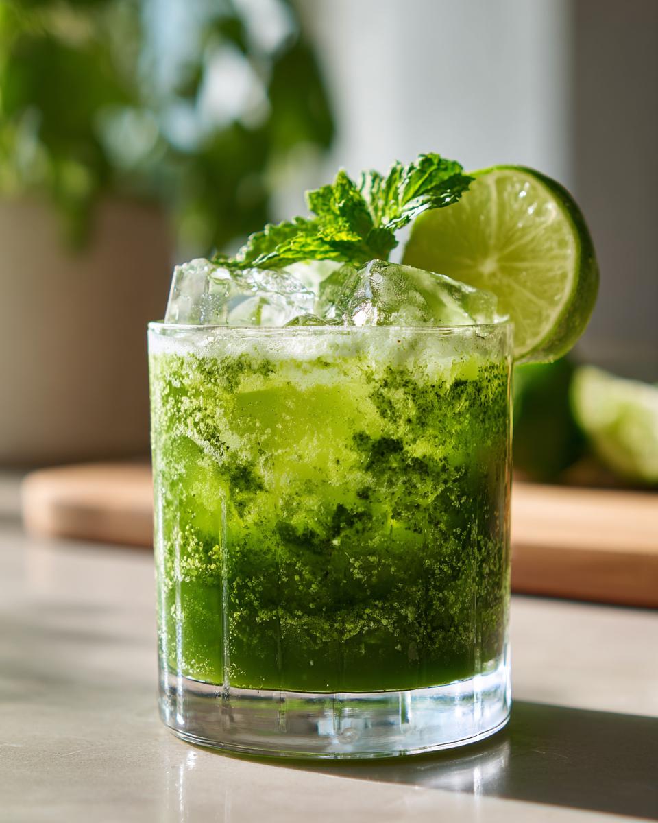 A vibrant green Matcha Coconut Rum Cooler cocktail with ice, mint, and a lime slice garnish.