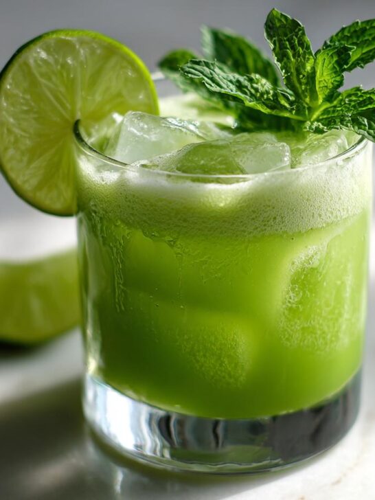 A vibrant green Matcha Coconut Rum Cooler cocktail in a glass, garnished with lime and mint, with ice cubes.