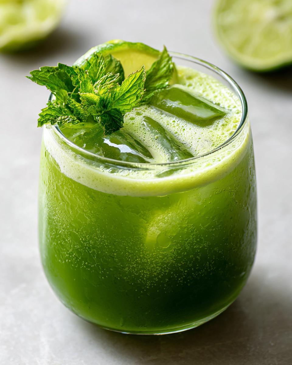 A vibrant green Matcha Coconut Rum Cooler cocktail in a glass, garnished with fresh mint and lime, filled with ice and bubbles.