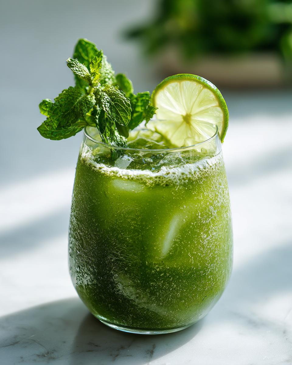 A vibrant green Matcha Coconut Rum Cooler in a glass, garnished with fresh mint and a lime slice.