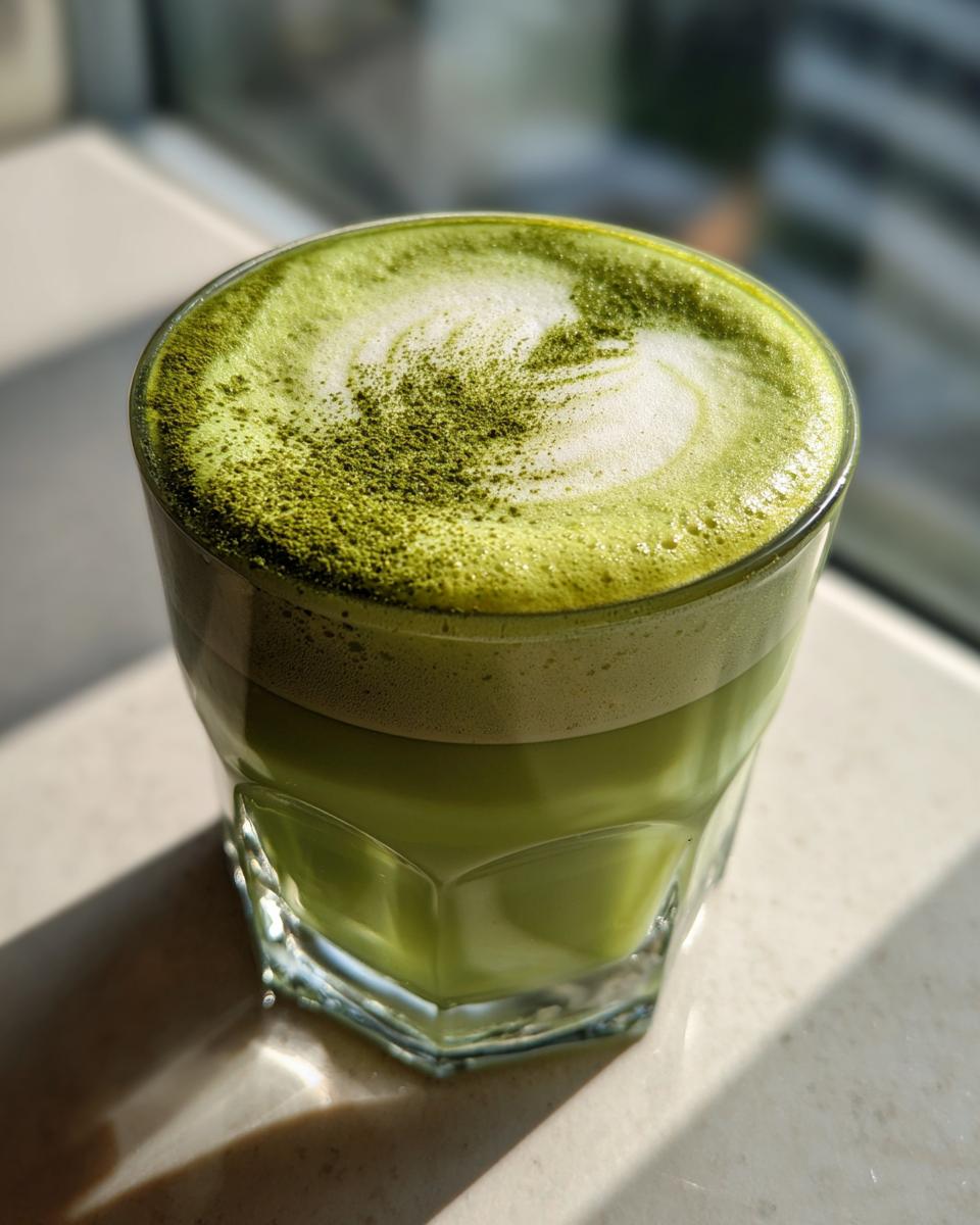 A vibrant Matcha Green Energy Latte in a clear glass, topped with frothy milk and dusted with matcha powder.