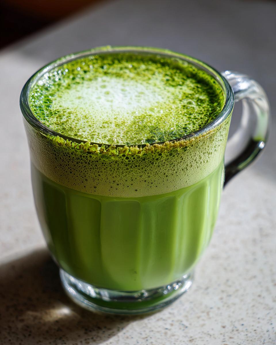 A close-up of a frothy Matcha Green Energy Latte in a clear glass mug, showcasing its bright green color.