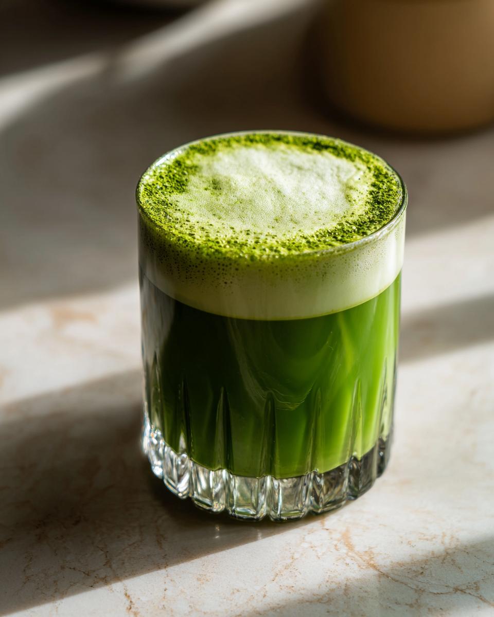 A close-up of a frothy Matcha Green Energy Latte in a clear glass, with vibrant green color and foamy top.