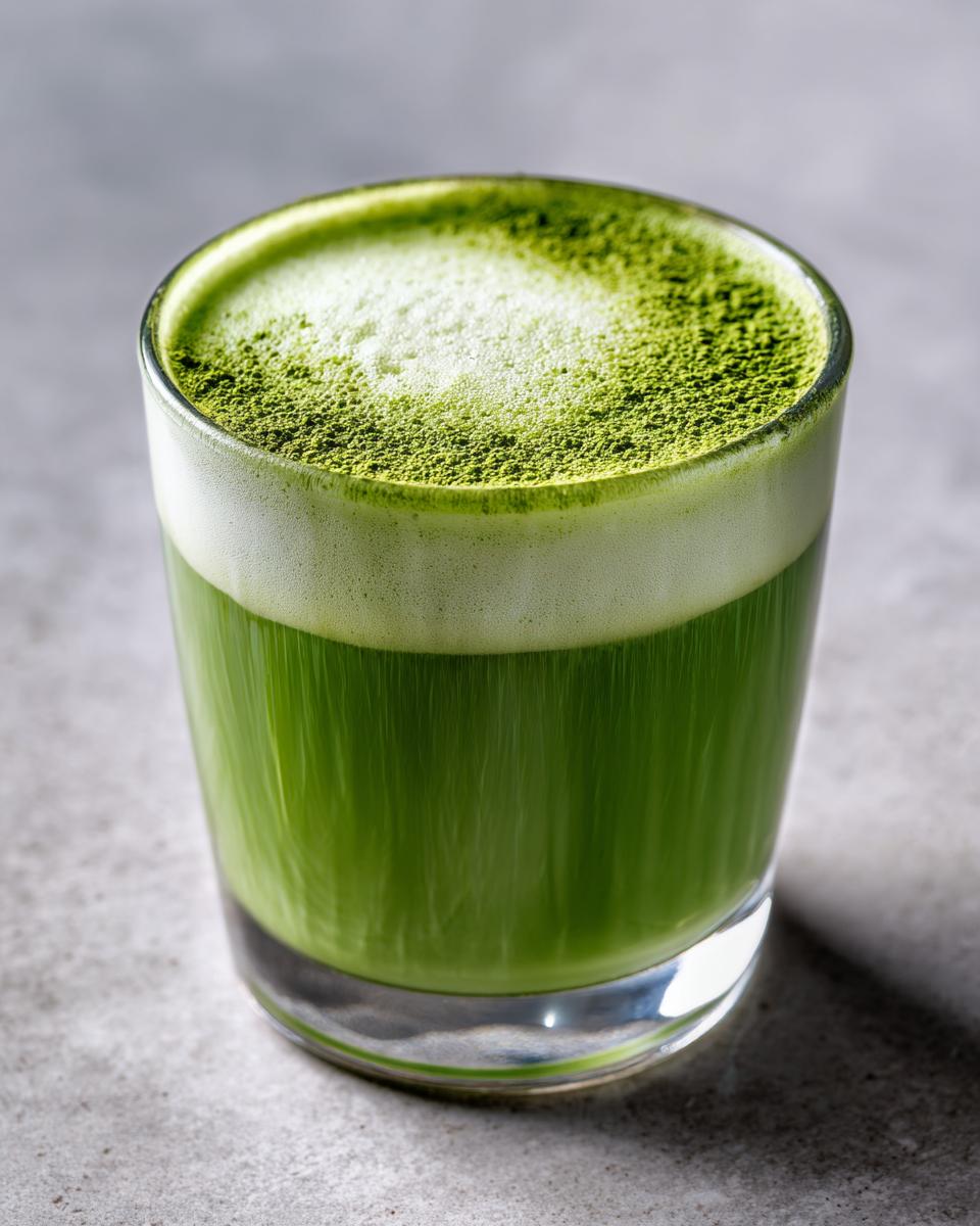 A vibrant Matcha Green Energy Latte in a clear glass, topped with frothy milk and a dusting of matcha powder.