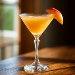 A vibrant Peach Green Tea Martini served in a martini glass, garnished with a fresh peach slice.