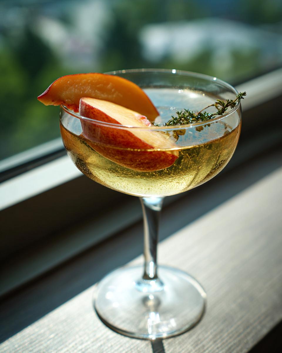 A refreshing Peach Green Tea Martini in a coupe glass, garnished with fresh peach slices and a sprig of thyme.
