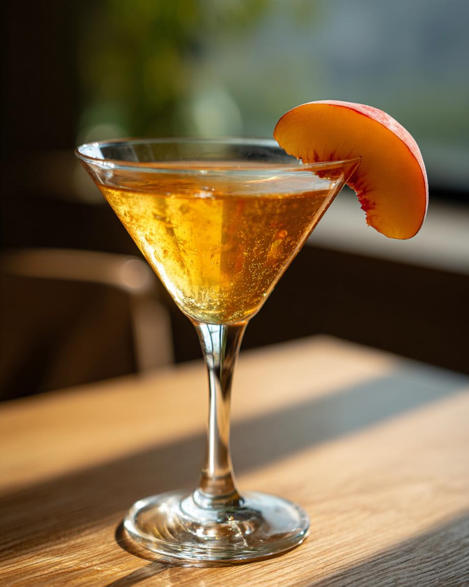 A close-up of a Peach Green Tea Martini in a martini glass, garnished with a peach slice.