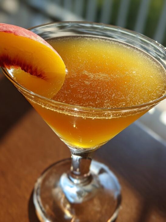 A close-up of a Peach Green Tea Martini in a martini glass, garnished with a peach slice.