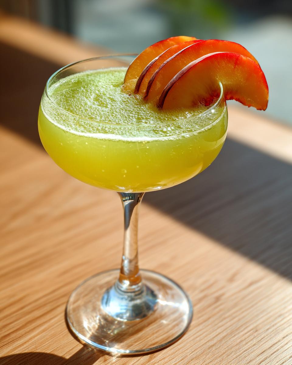 A vibrant Peach Green Tea Martini served in a coupe glass, garnished with fresh peach slices.