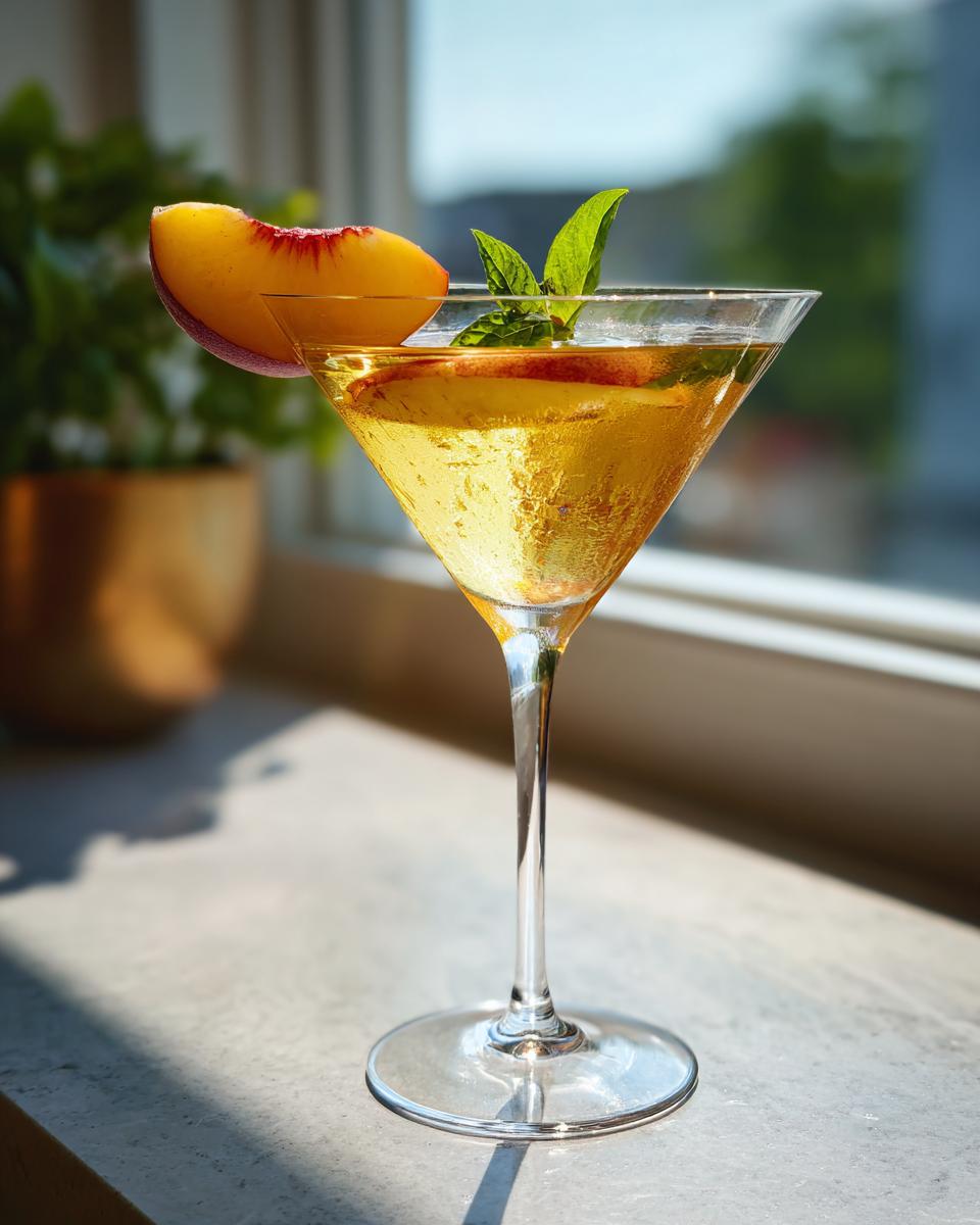 A close-up of a Peach Green Tea Martini in a martini glass, garnished with a peach slice and fresh mint leaves.
