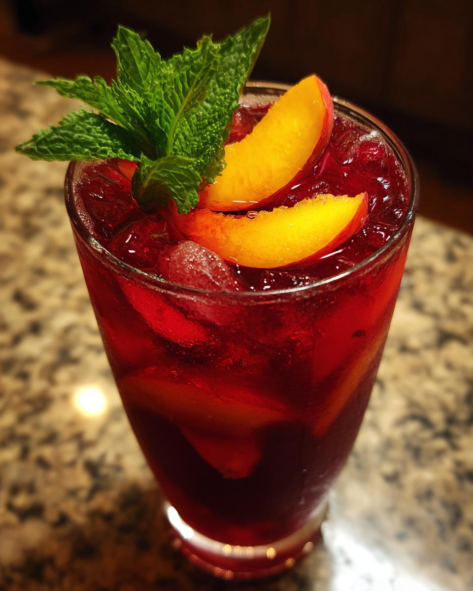 A tall glass filled with a vibrant red Peach Hibiscus Cooler, garnished with fresh peach slices and mint leaves.