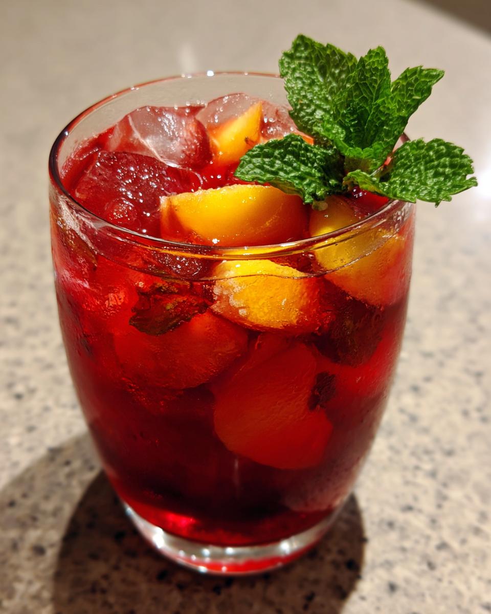 A tall glass filled with a vibrant red Peach Hibiscus Cooler, packed with ice, peach slices, and garnished with fresh mint leaves.