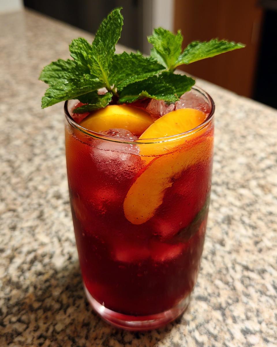 A tall glass of vibrant red Peach Hibiscus Cooler, filled with ice, peach slices, and garnished with fresh mint leaves.