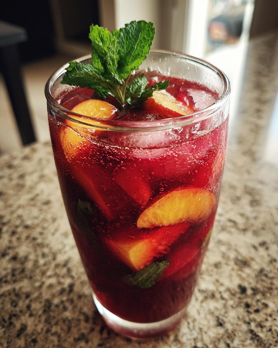 A tall glass filled with a vibrant red Peach Hibiscus Cooler, featuring slices of peach, mint leaves, and ice.