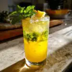 A tall glass filled with a bright yellow Pineapple Mint Sparkler, muddled mint leaves, ice, and a pineapple wedge garnish.
